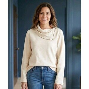 Lilla P Zip Cowl Neck Soft Sweatshirt Beige Cotton Blend L Capsule Wardrobe